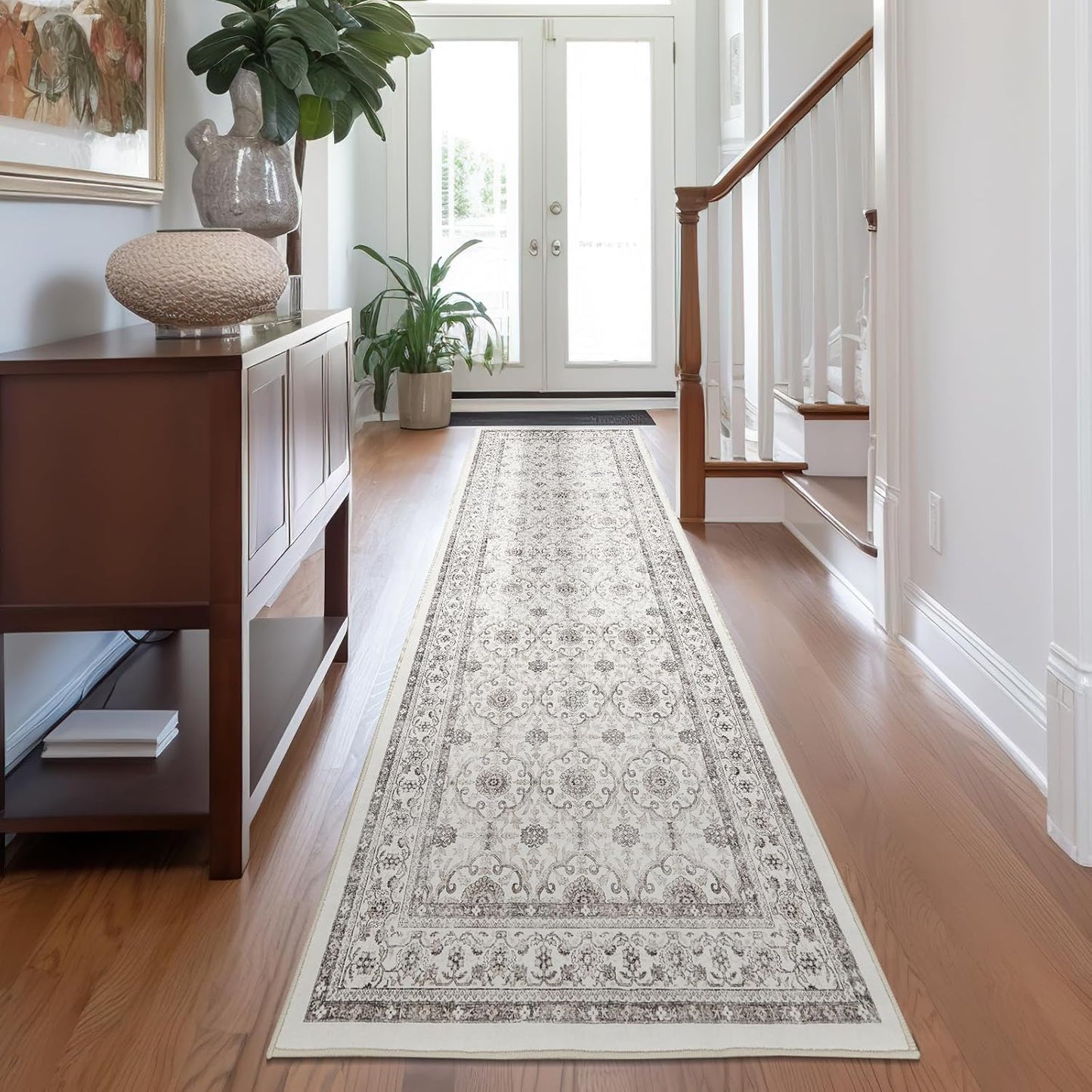 Beige Vintage Floral Distressed Hallway Runner Rug 3x7 for Home