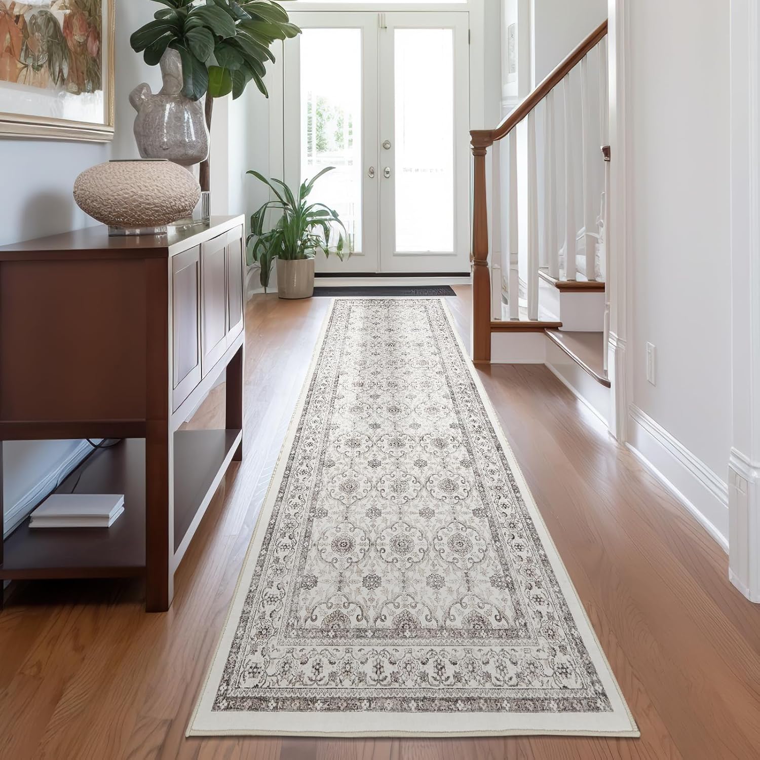 Beige Vintage Floral Distressed Hallway Runner Rug 3x7 for Home