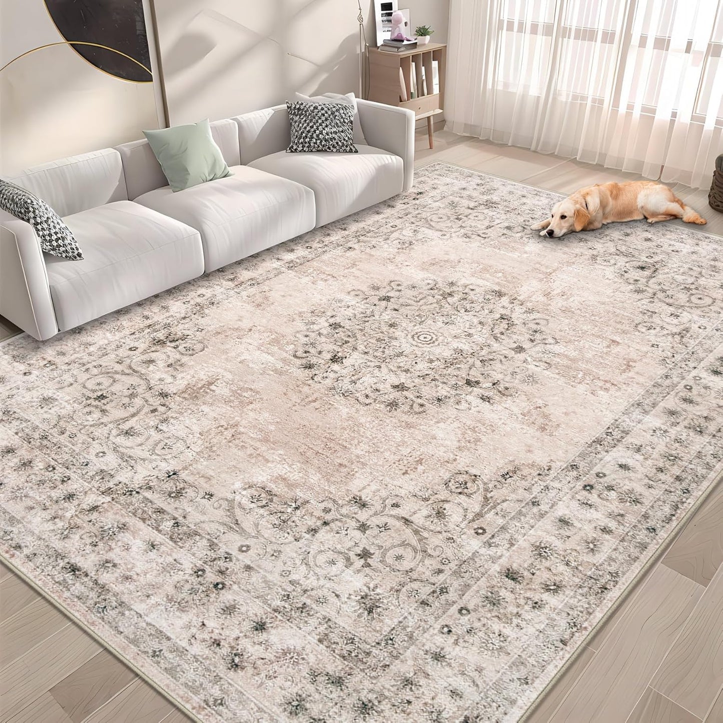 Vintage Area Rug 6x9: Washable Distressed Carpet for Home