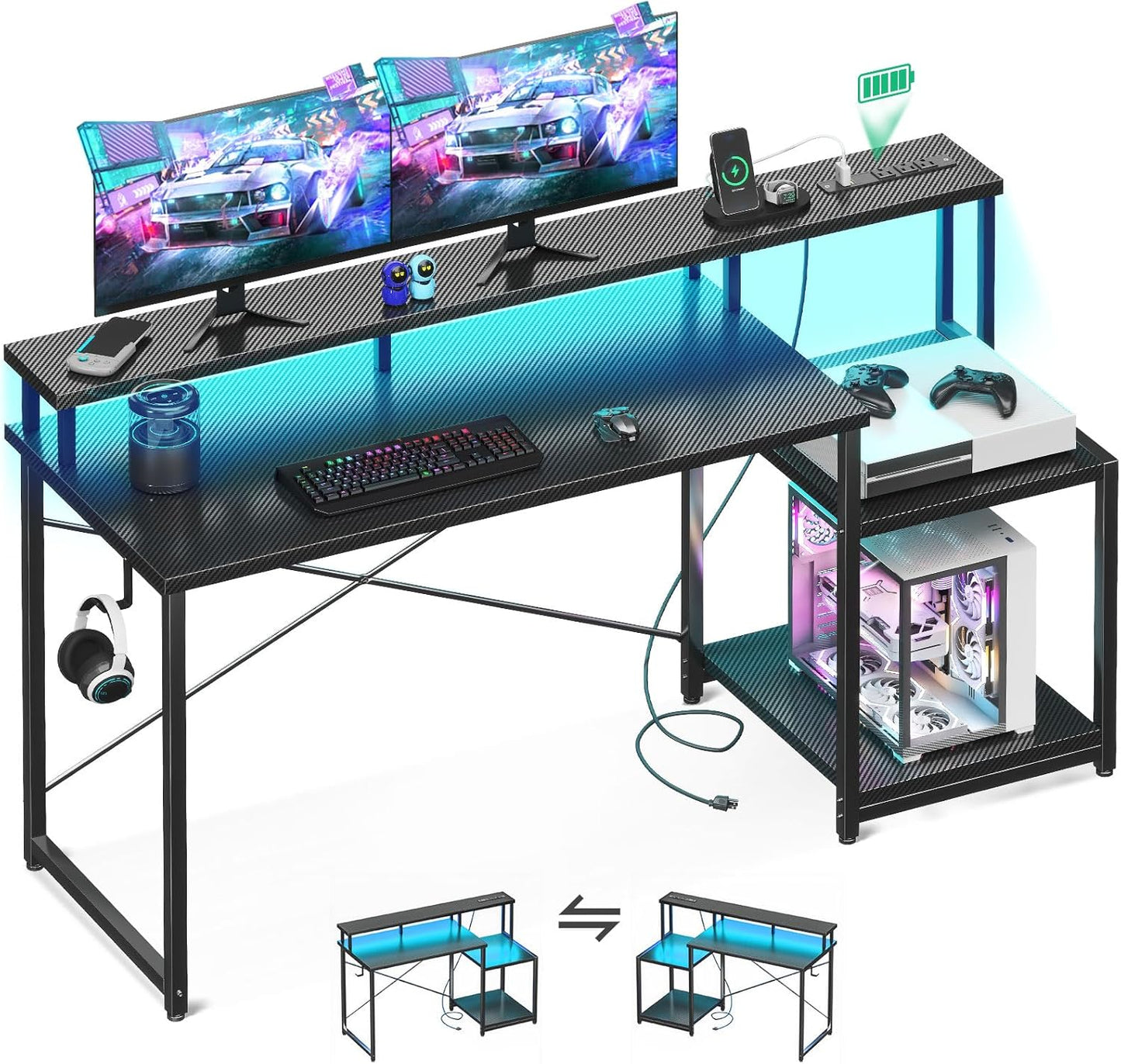 56 Gaming Desk with LED Lights & Power Outlet