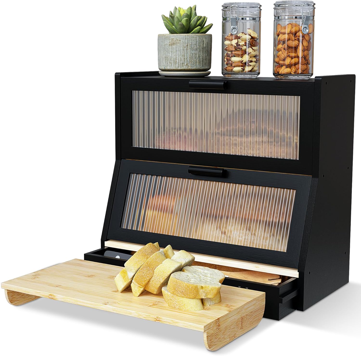 Bamboo Wood Bread Box for Kitchen Countertop with Knife Storage