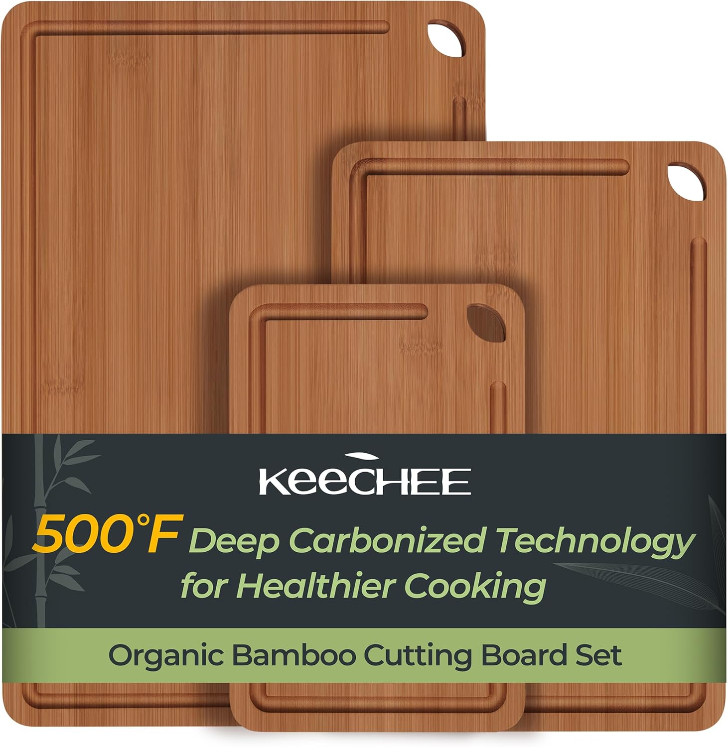 Bamboo Cutting Board Set with Deep Juice Grooves and Handles