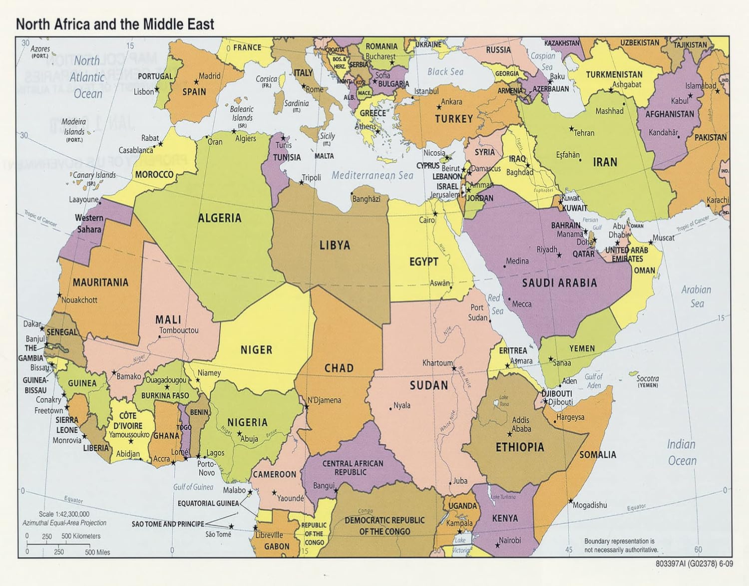 Large Laminated 23x18 Map: North Africa & Middle East Capitals