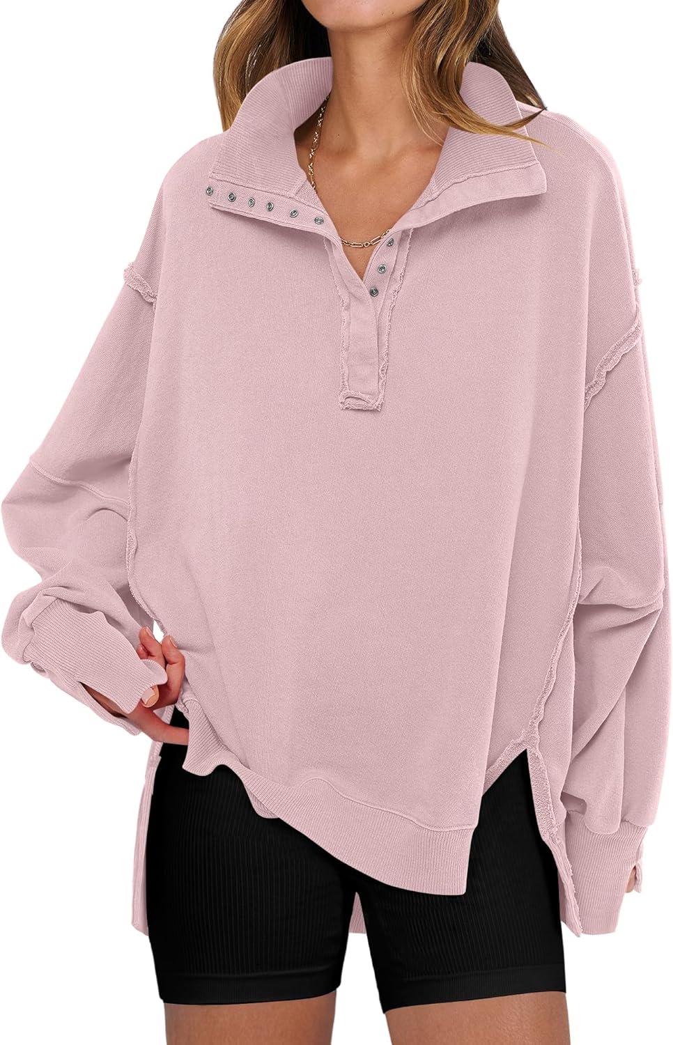 Oversized Casual Button Up Henley Pullover Top for Women
