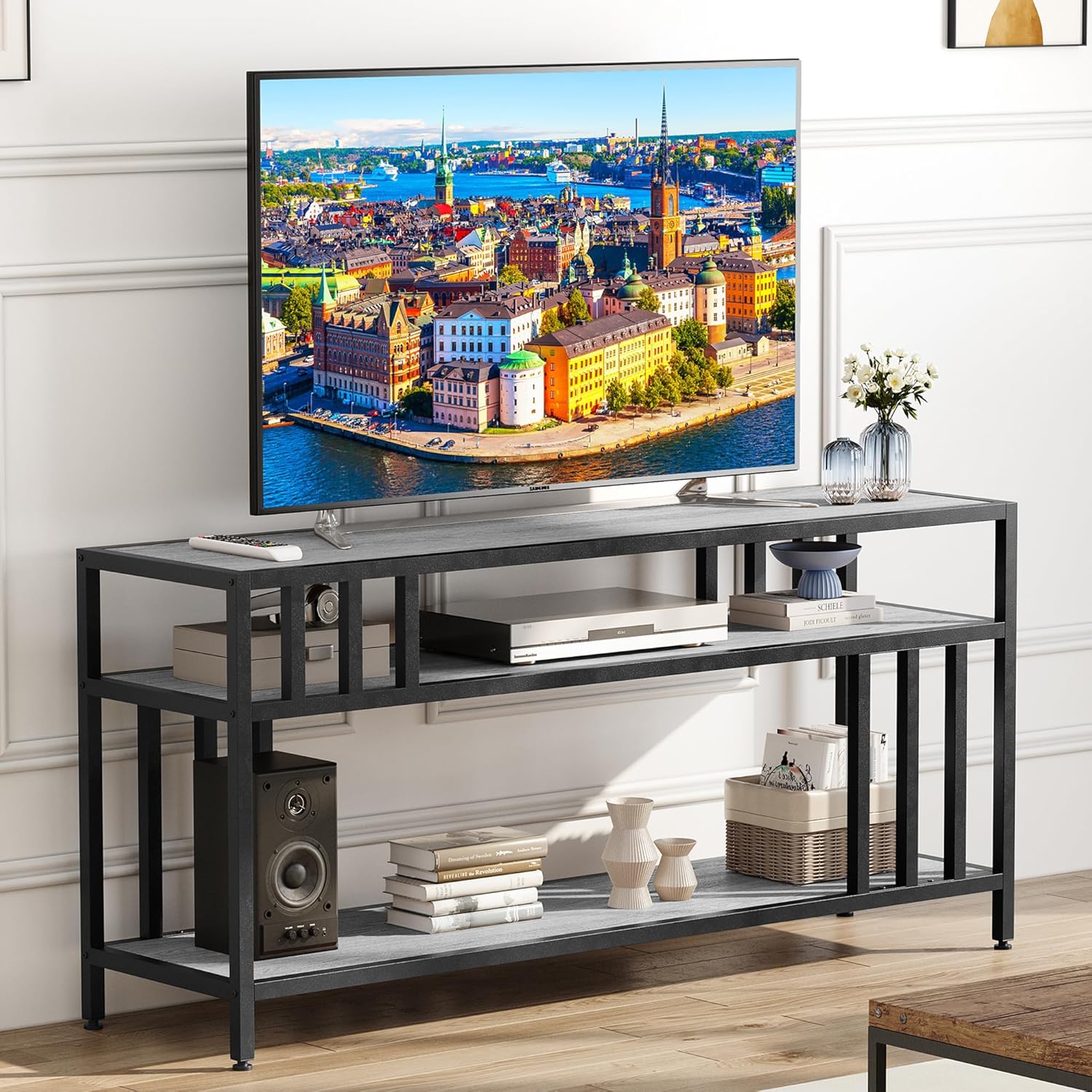 Spacious 58'' TV Stand for TVs up to 65: Elegant Grey Entertainment Center