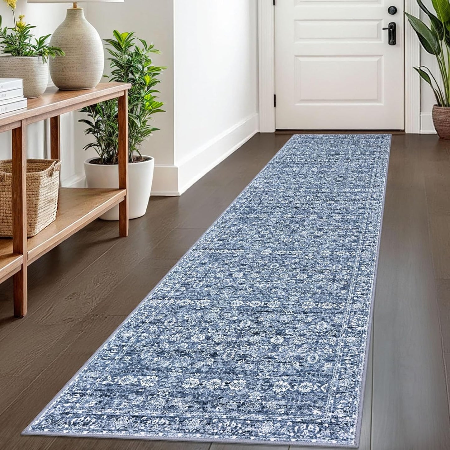 2x8 Blue Washable Runner Rug for Hallways and Entryways