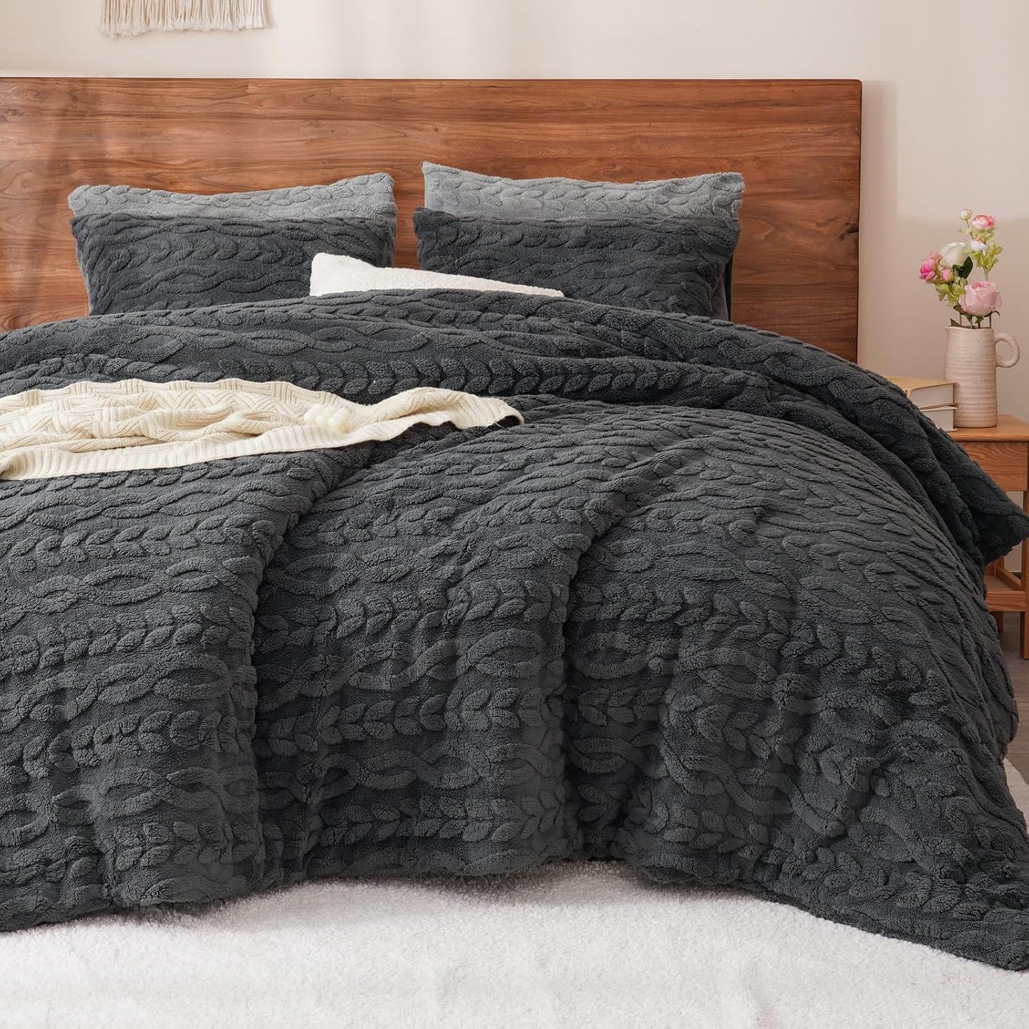 PHF Fluffy Sherpa Fleece King Comforter Set for Cozy Winter