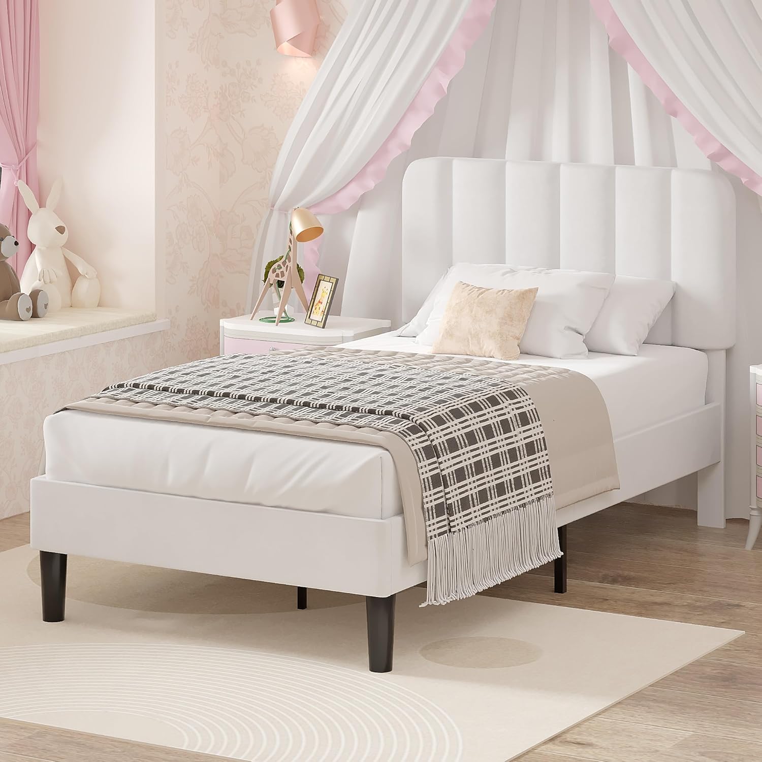 VECELO Twin Size Bed Frame with Upholstered Headboard in White