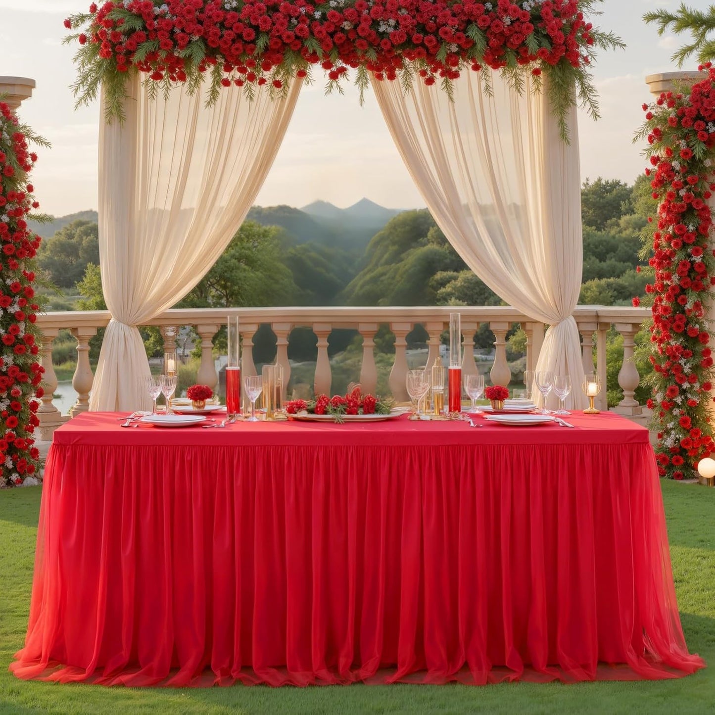 Elegant Red Tulle Tablecloth for 8 Foot Rectangular Tables