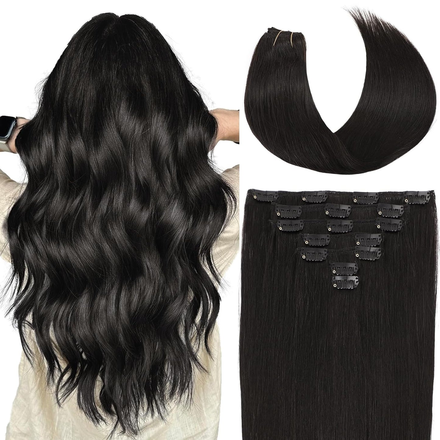 Clip in Hair Extensions Real Human Hair 18 inch Natural Black