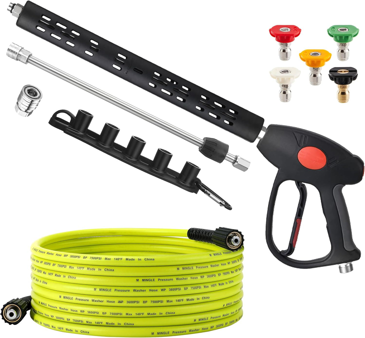 25 FT Power Washer Hose Kit, 5 Nozzle Tips, M22-14mm Fitting