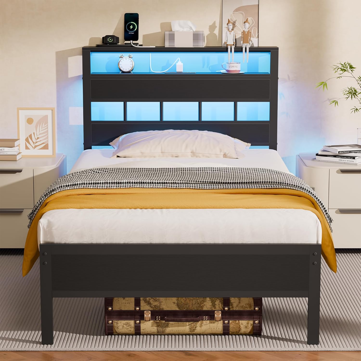 Furnulem Twin Bed Frame with LED Lights and Charging Station