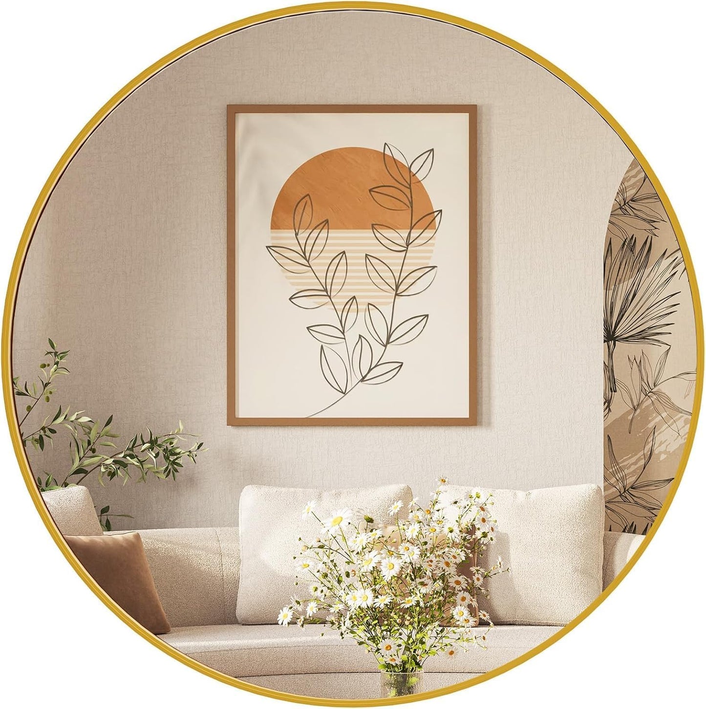30in Round Bathroom Mirrors for Wall with Elegant Gold Frame