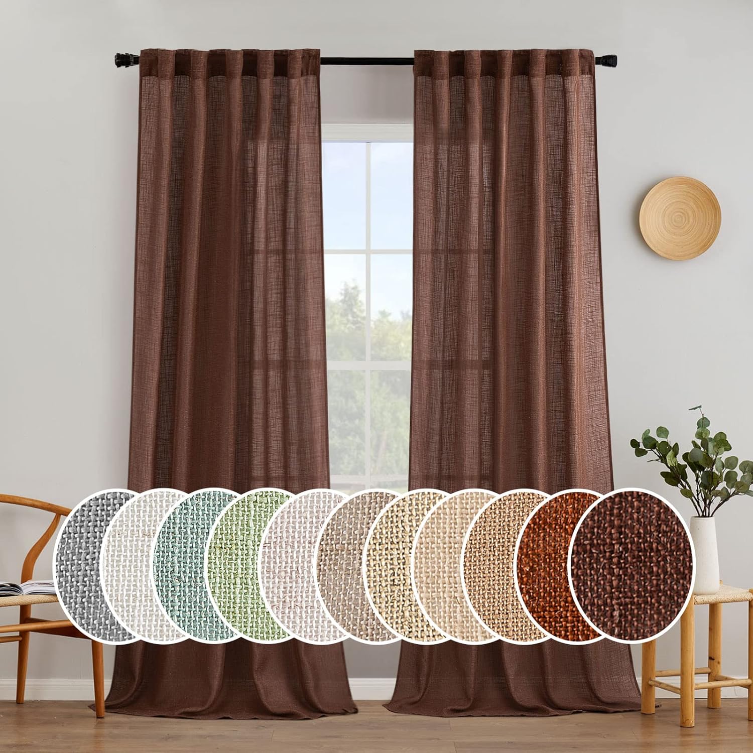 MIULEE Chocolate Brown Linen Curtains for Bedroom Living Room