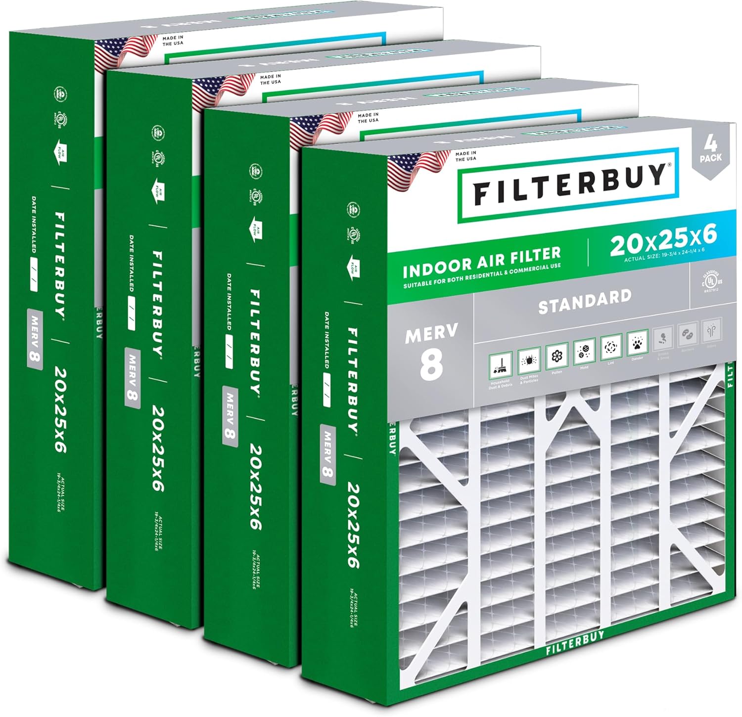 20x25x6 Air Filter MERV 8 for Dust & Allergy Defense - 4-Pack