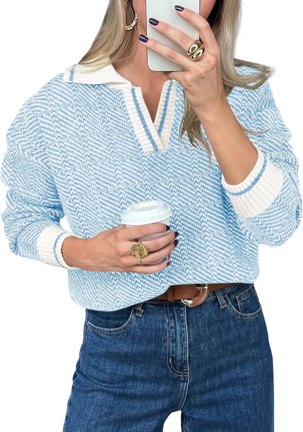 Saodimallsu Womens Fall Sweaters Tops V Neck Knit Pullover