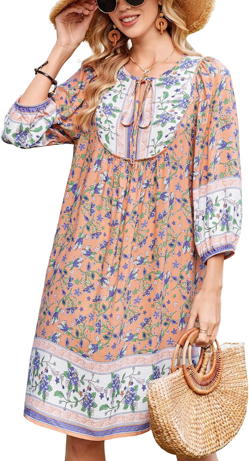Bluetime Women Casual Summer Dress Boho V Neck Floral Print