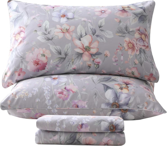 QSH Gray Floral Sheets Queen Size Set for Luxurious Comfort