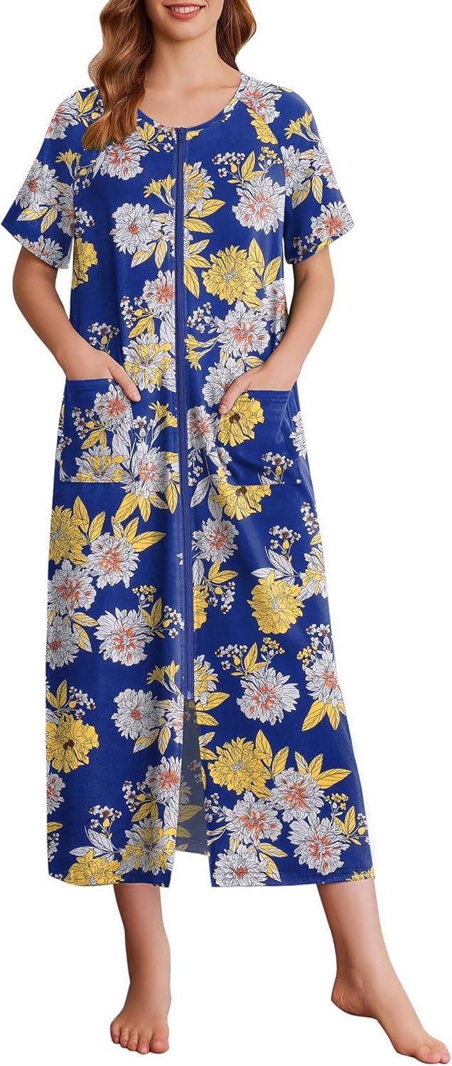 Ekouaer Women Robes Zipper Front Short Sleeve Full Length Housecoat