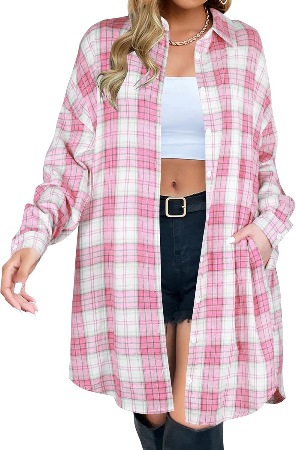 Plaid Shacket Long Sleeve Button Down Flannel Shirt for Women