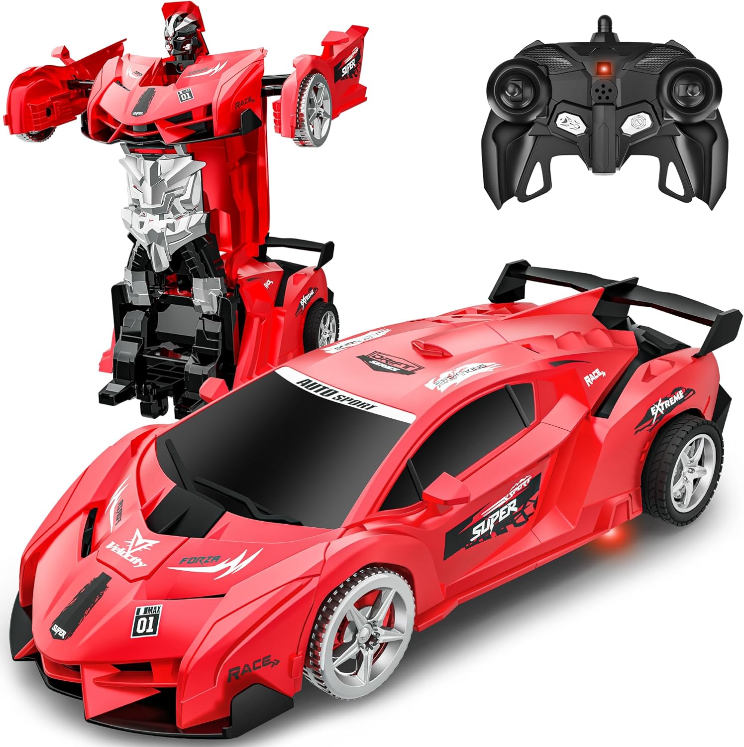 360 Rotating LED Deformation Robot Car Toy - Ages 3-12 - Red