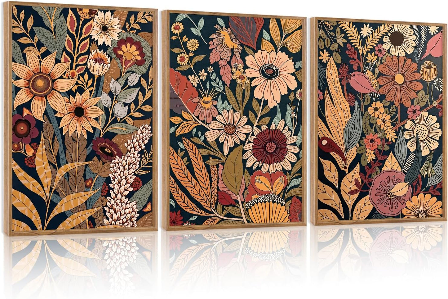 Vintage Flowers Framed Canvas Wall Art Set Of 3 For Home Decor