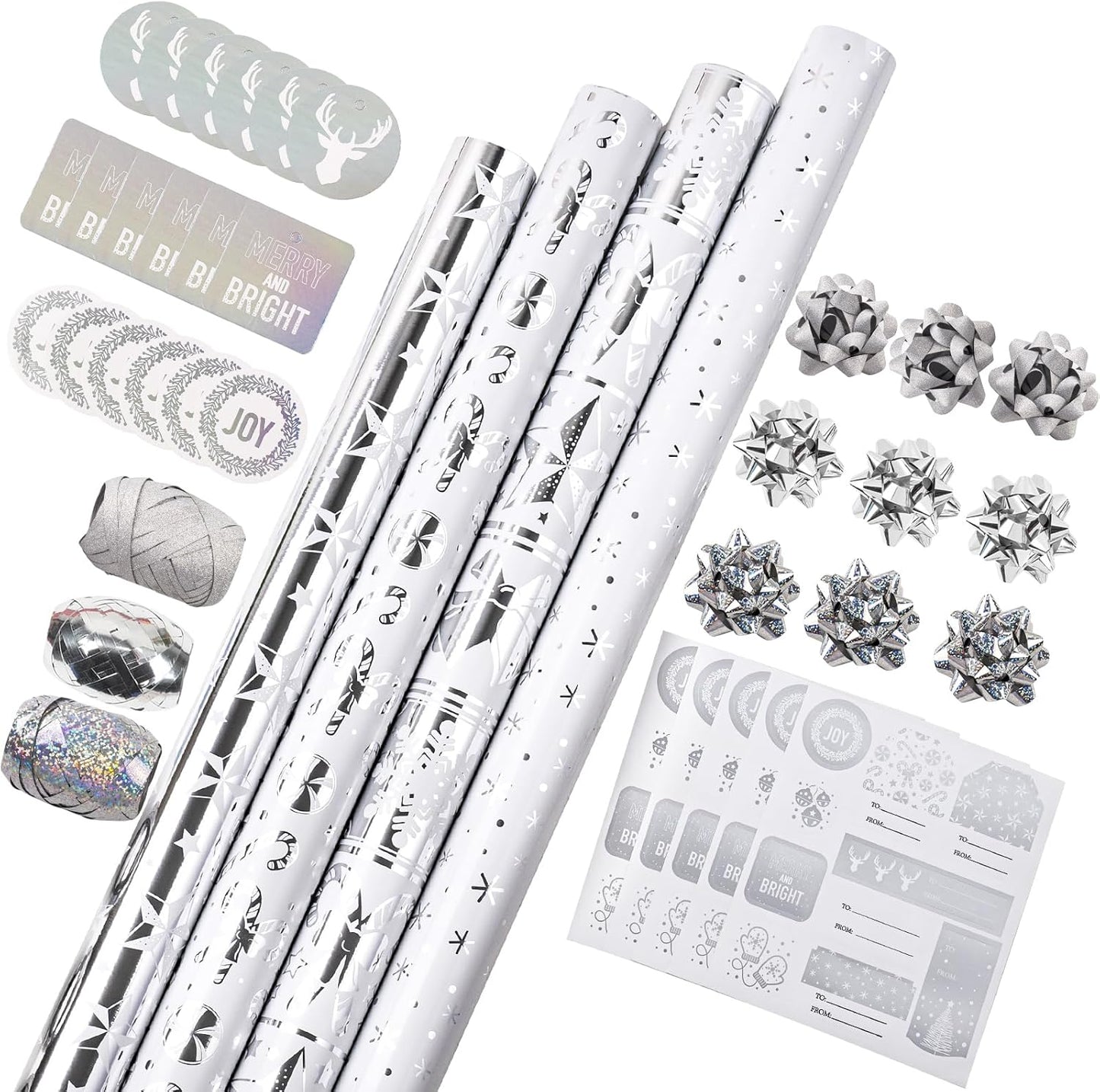 Silver Christmas Wrapping Paper Set with Bows and Tags Bundle
