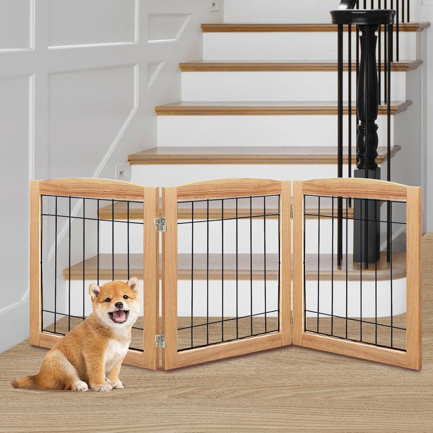 LZRS 3-Panel Freestanding Foldable Wooden Dog Gate for Pets
