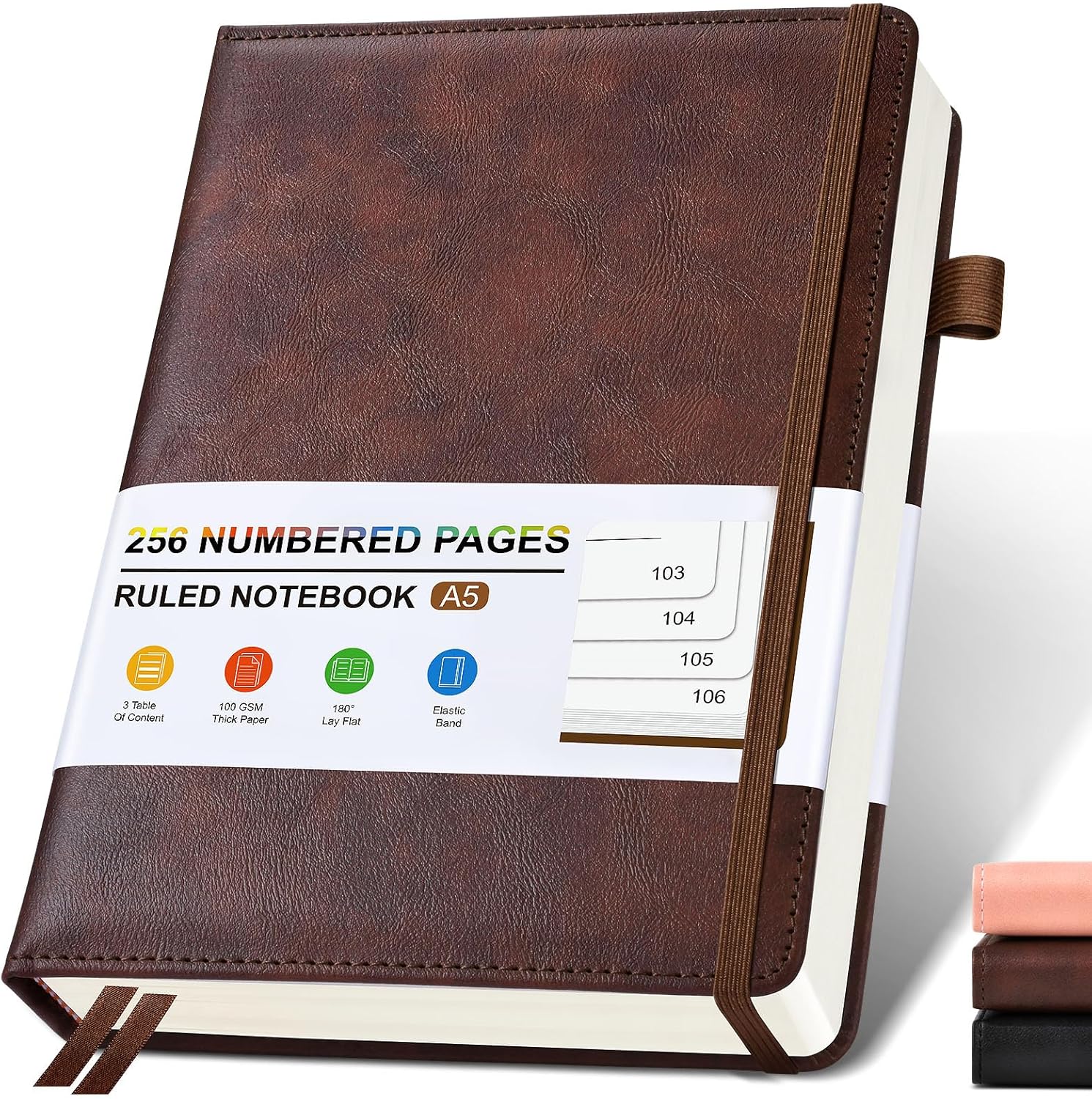 Lined Leather Journal Notebook, 256 Numbered Pages, A5, 100GSM Ruled Paper, Brown