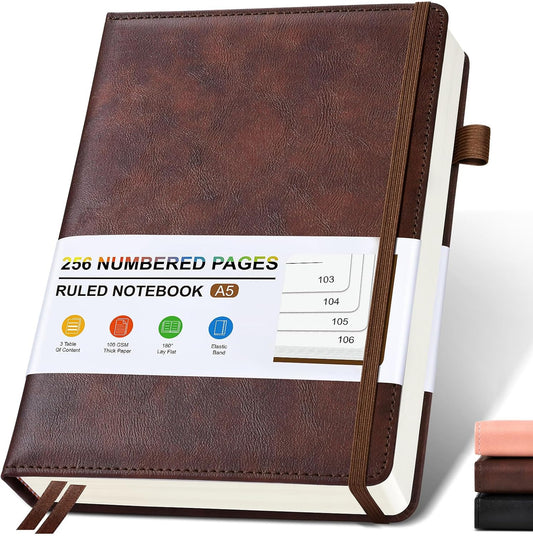 Lined Leather Journal Notebook, 256 Numbered Pages, A5, 100GSM Ruled Paper, Brown