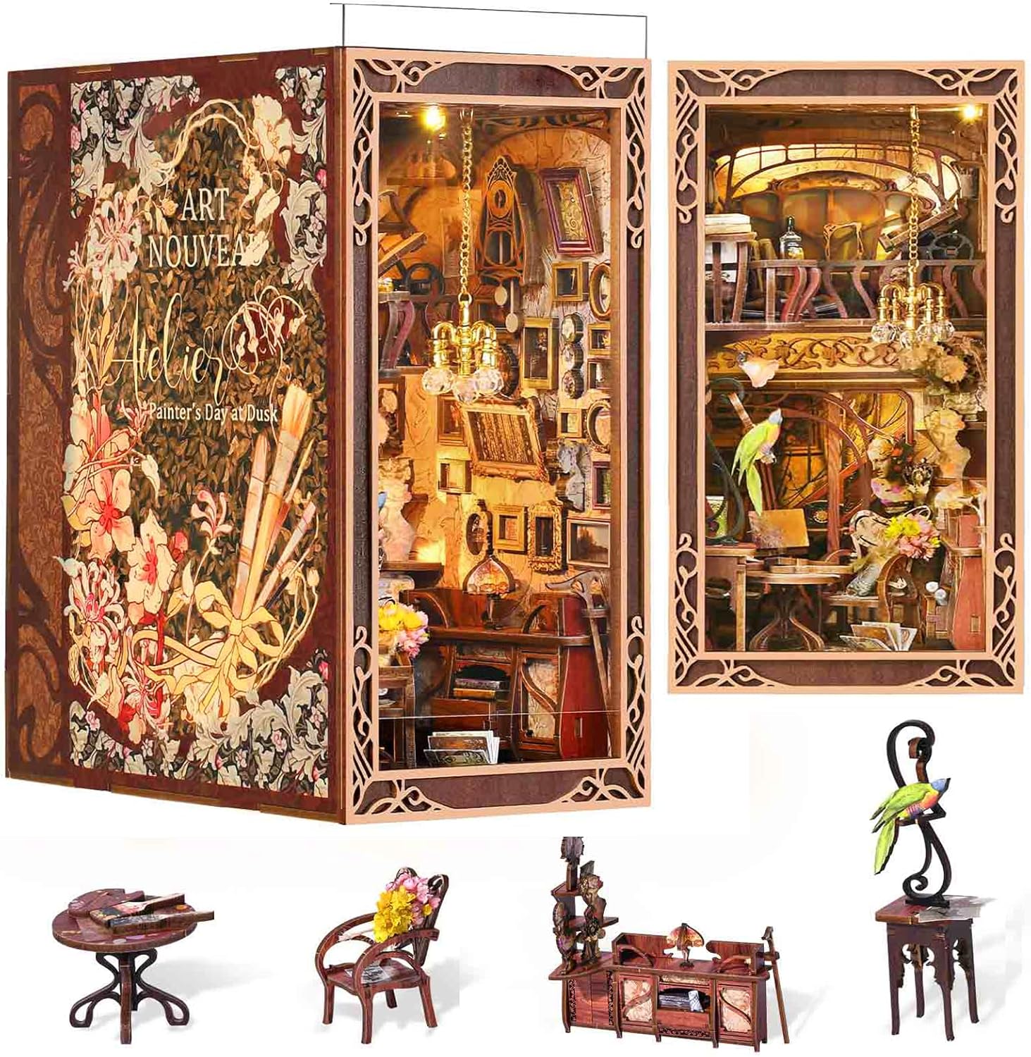 DIY Miniature Dollhouse Book Nook Kit with LED Light Decor