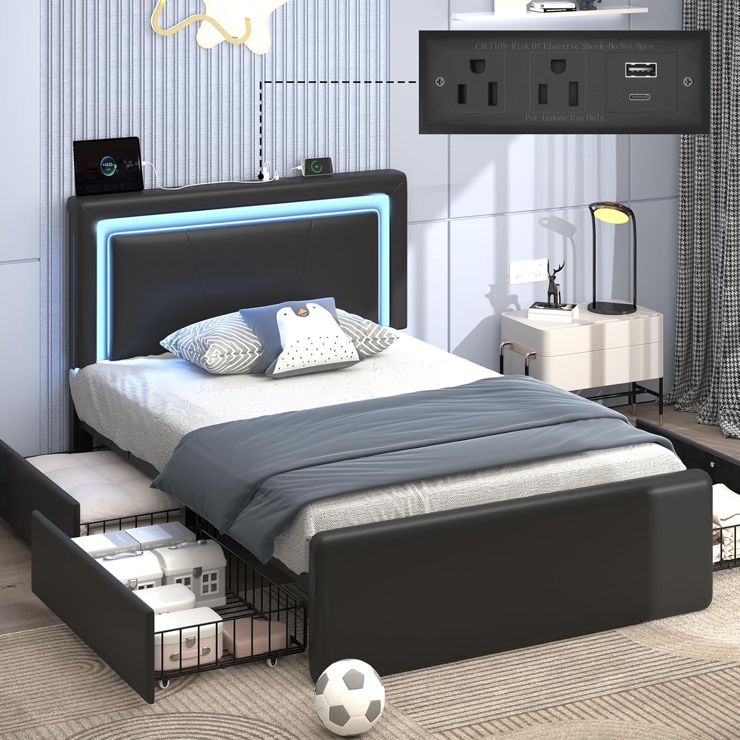 Twin Size Bed Frame with Storage Drawers and LED Lights
