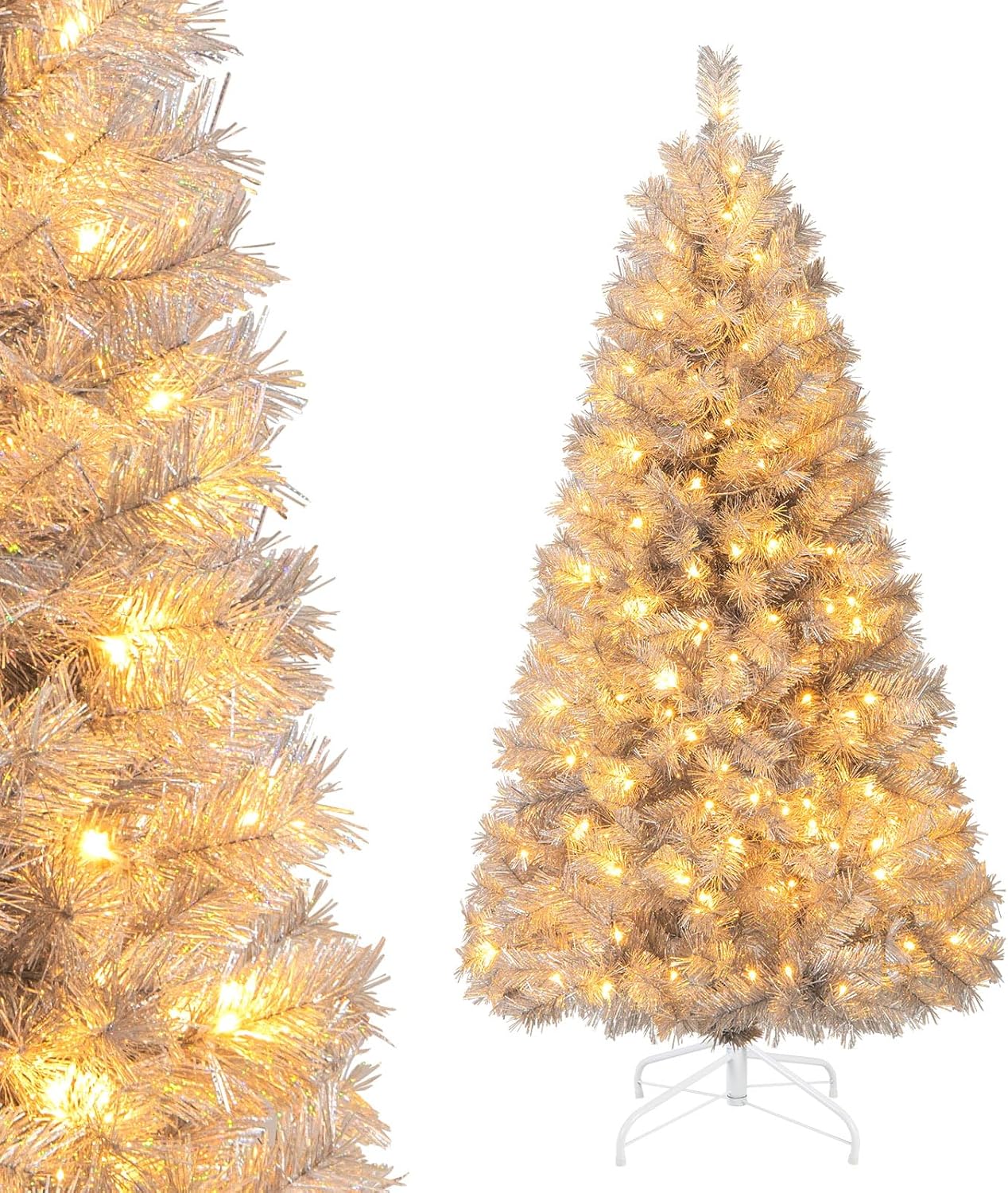 Goplus 5ft Pre-Lit Silver Tinsel Christmas Tree for Festive Decor
