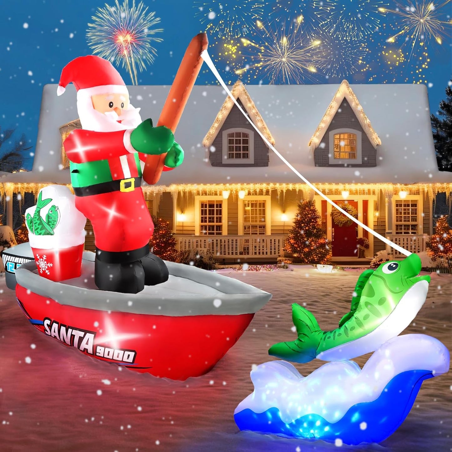15FT Christmas Inflatables Fishing Santa Claus for Holiday Fun
