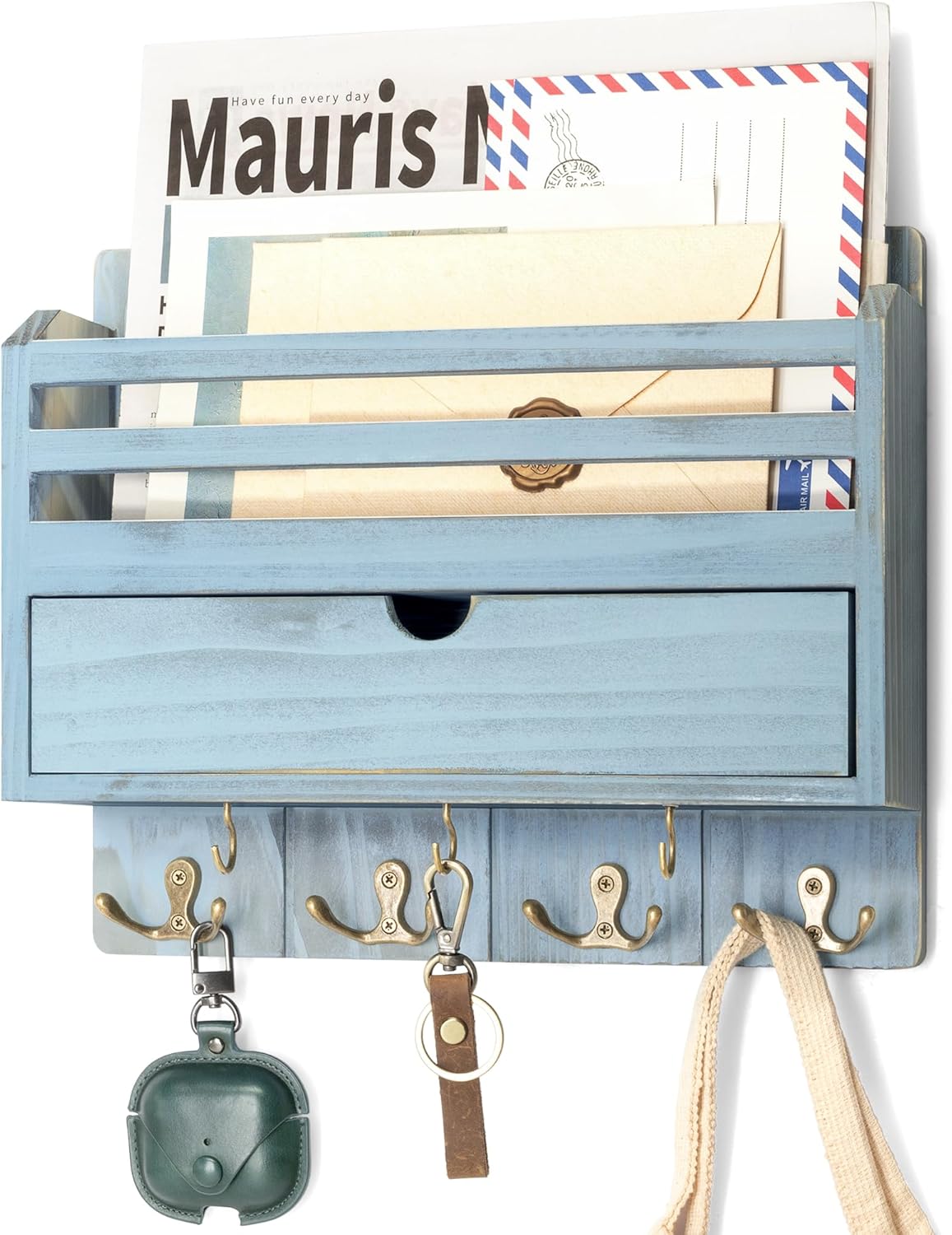 Rebee Vision Rustic Mail Organizer with Drawer and Key Hooks