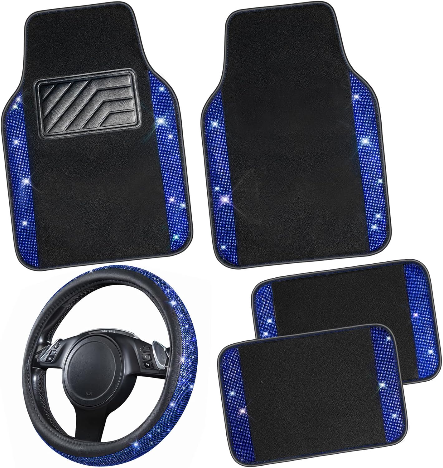 Bling Diamond Leather Steering Wheel Cover and Floor Mats Set