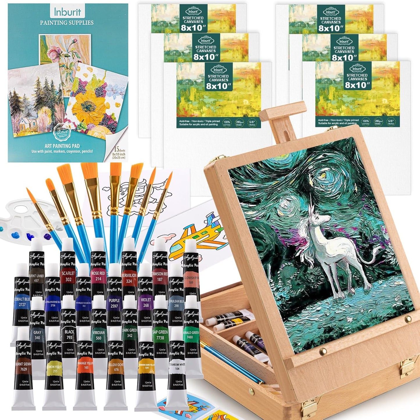 Inburit Art Paint Set with Wooden Easel Box for All Ages
