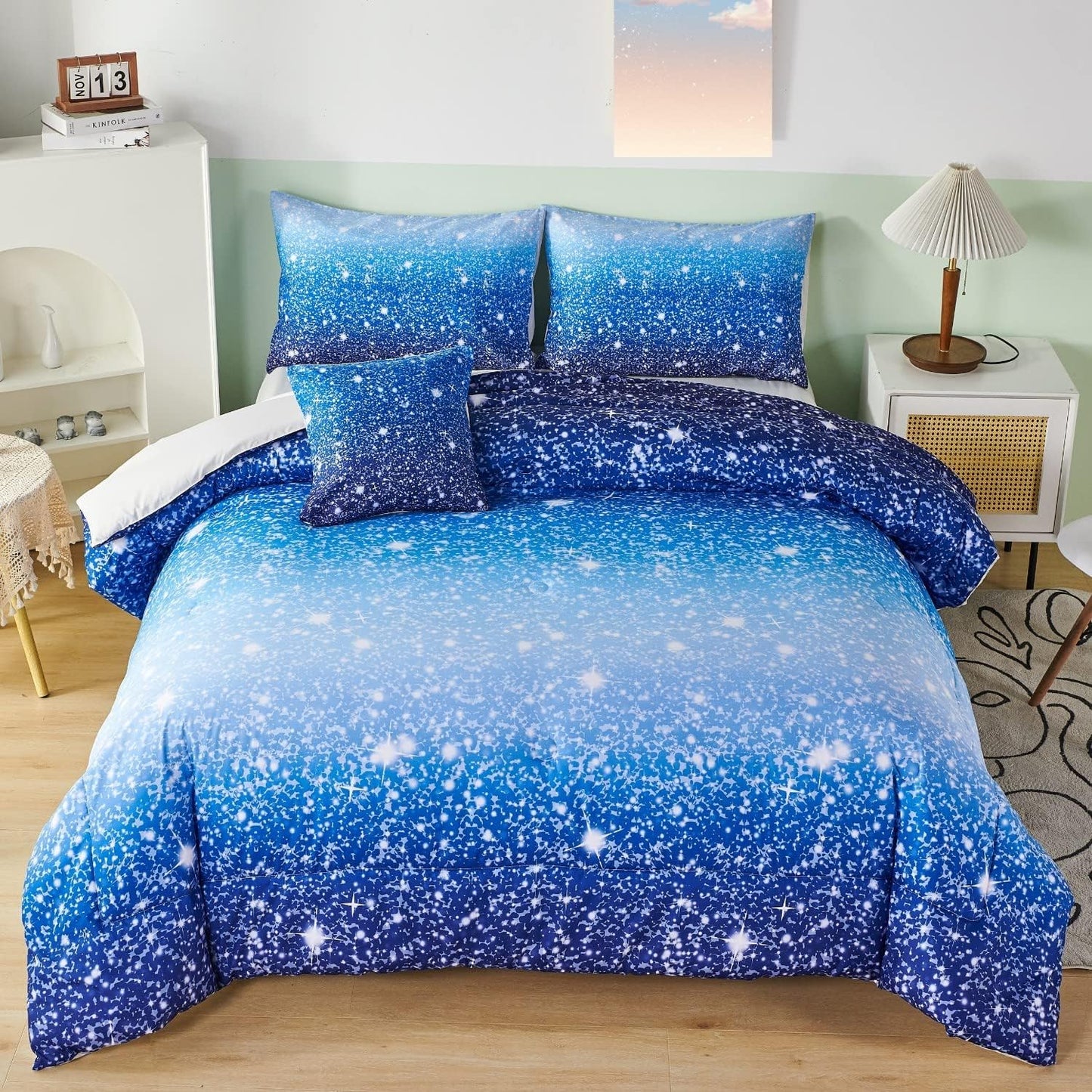 RYNGHIPY Gradient Aqua Blue Navy Ombre Comforter Set for Kids