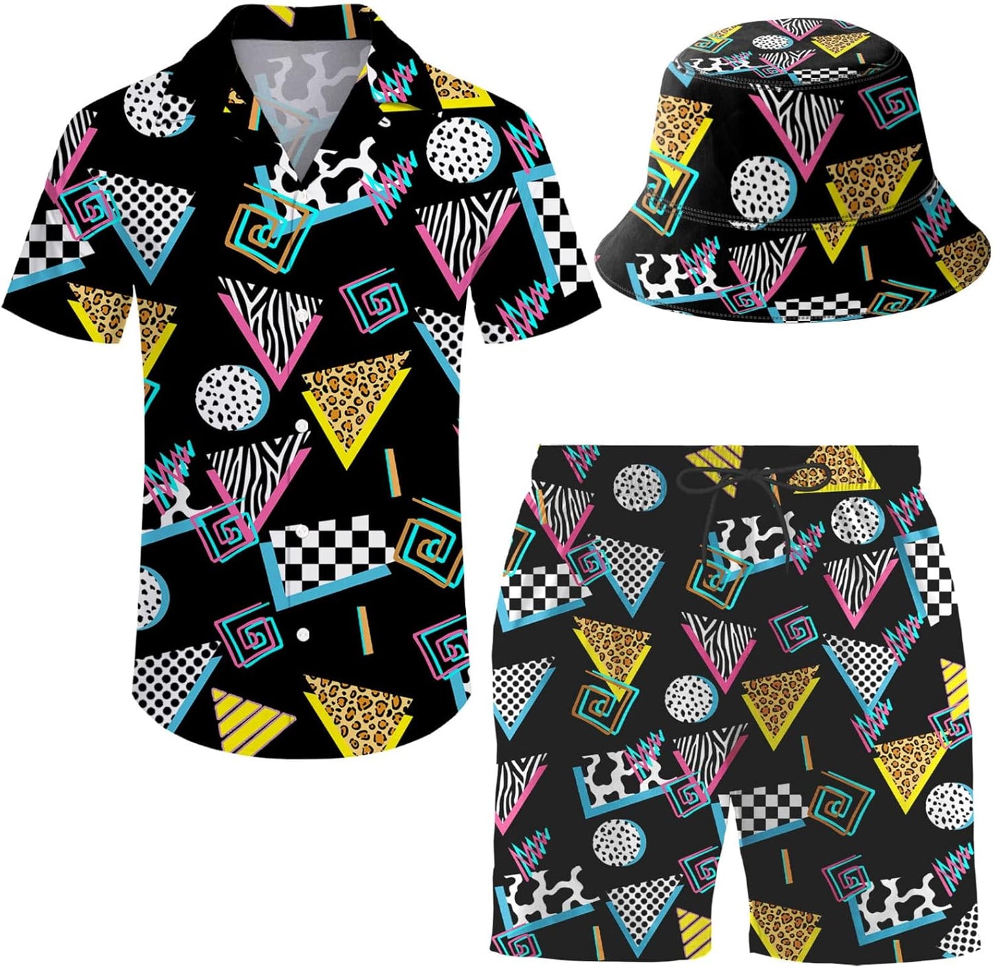 Men's Hawaiian Shirt and Shorts Set with Bucket Hat for Summer