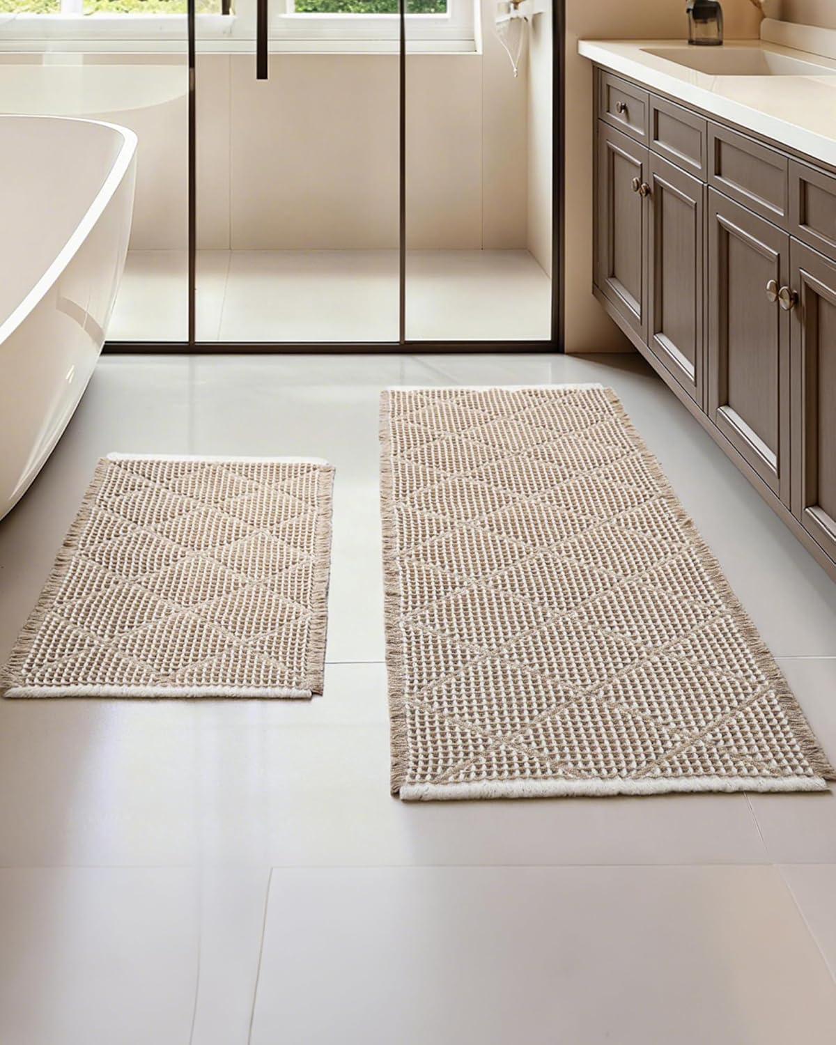 Waffle Bath Mat Set, Non Slip Bathroom Rugs for Boho Decor