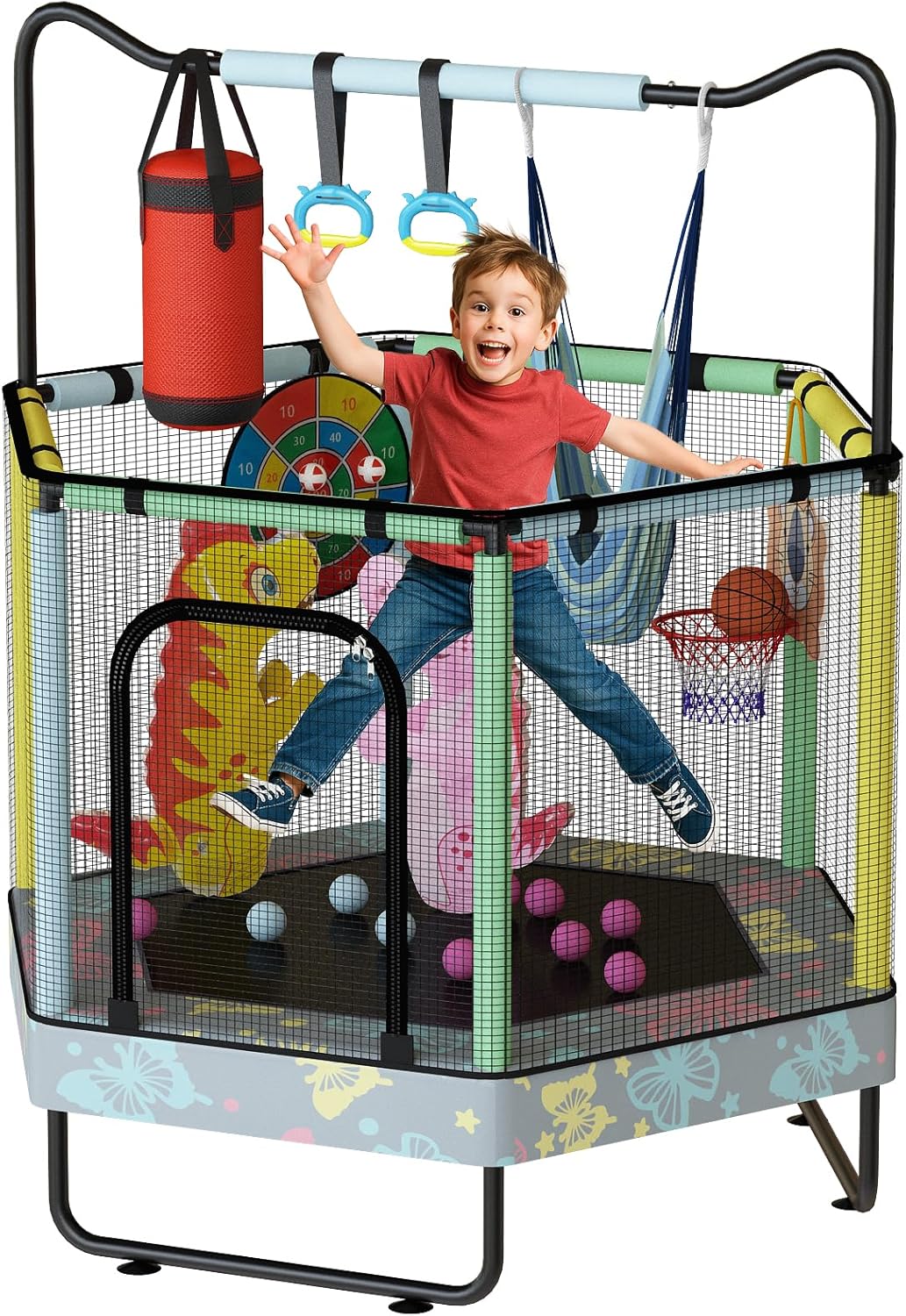 LAMERGE 55in 7-in-1 Round Trampoline for Kids Ages 1-8