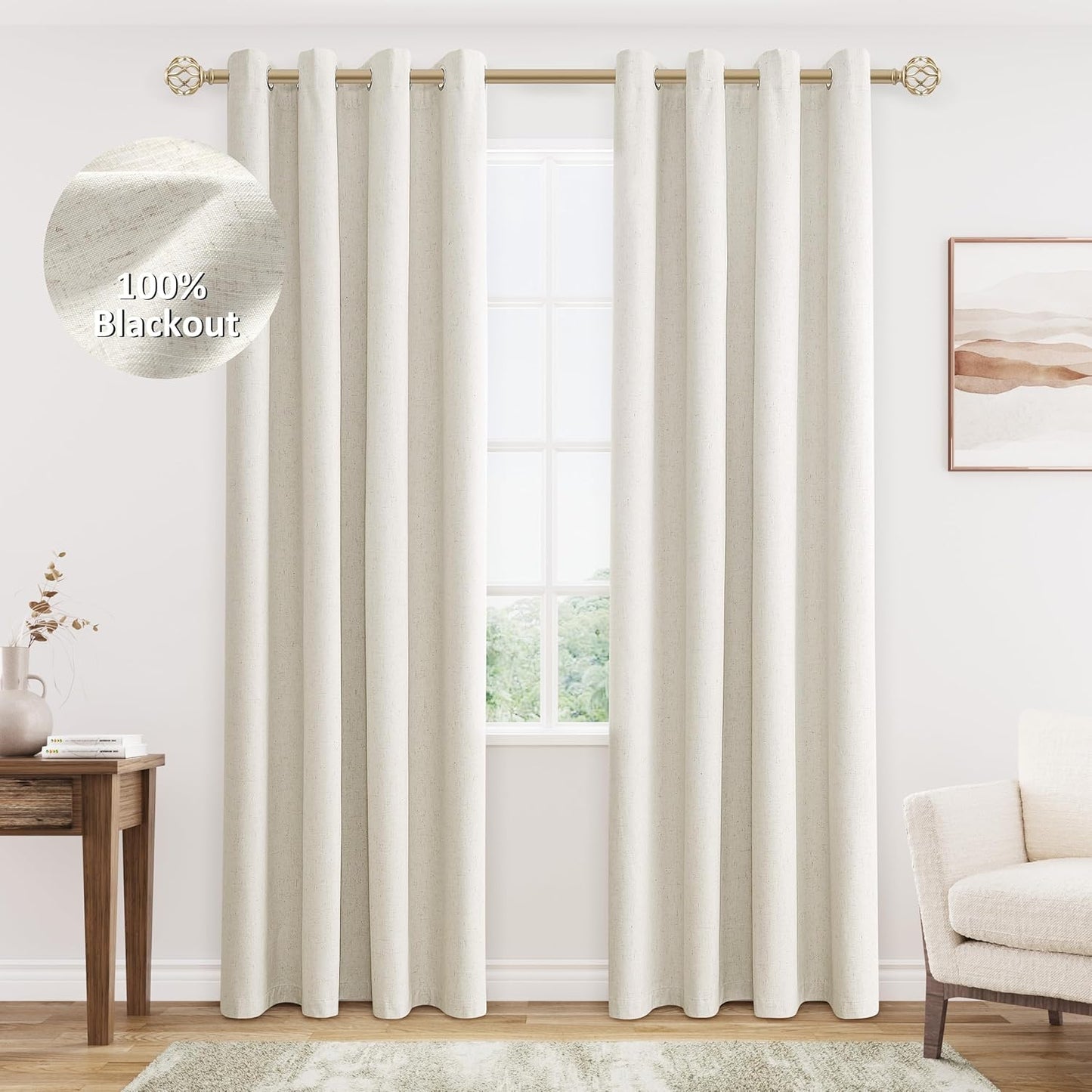 Cream Linen Blackout Curtains for Living Room and Bedroom