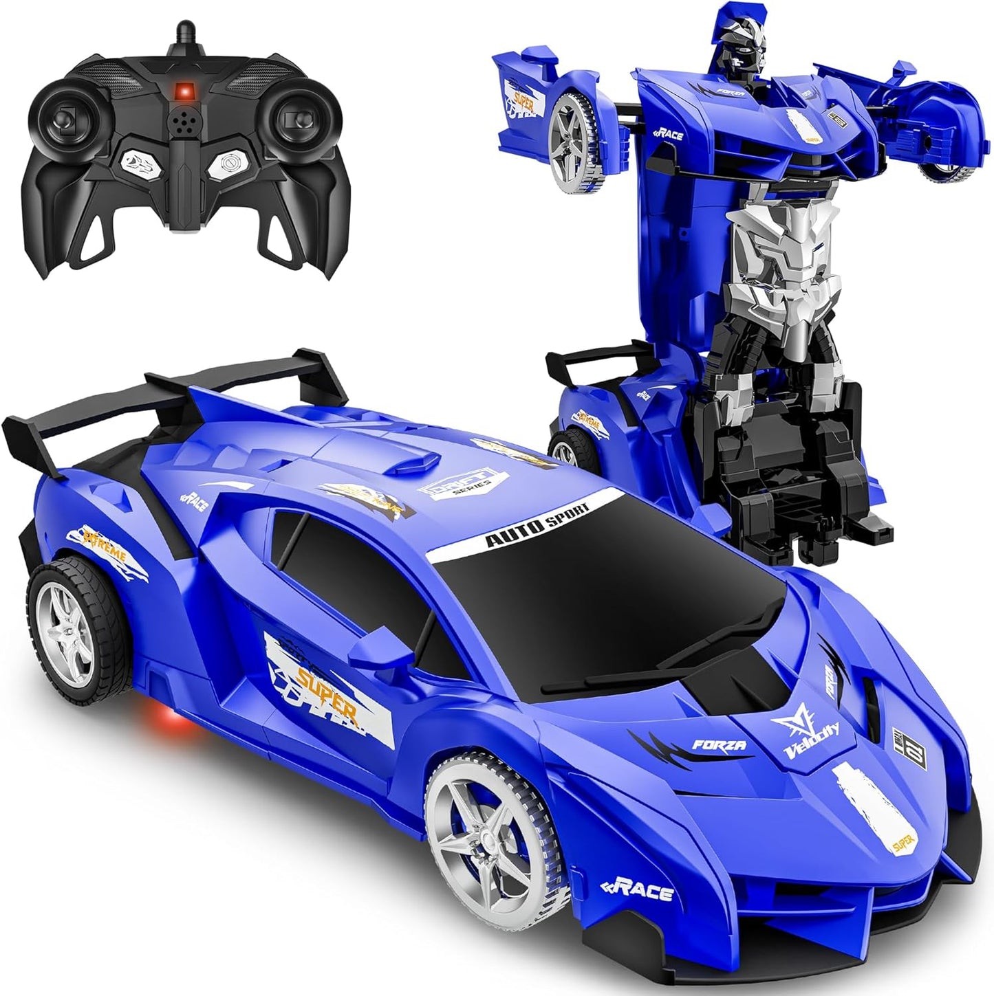 Transforming RC Robot Car Toy - LED Light, 360 Rotation, Ages 3-12, Blue