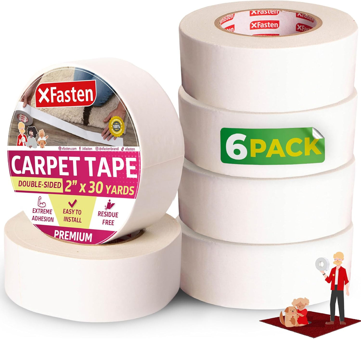 XFasten Double Sided Carpet Tape for Area Rugs, 2 Inch x 30 Yards