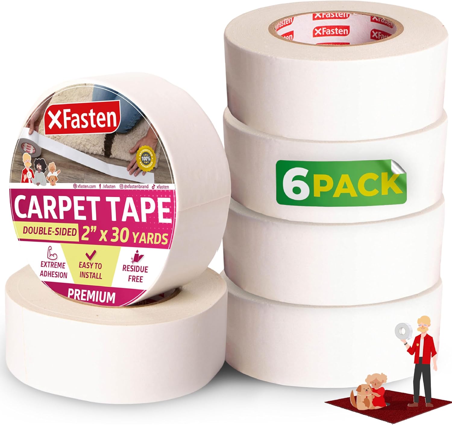 XFasten Double Sided Carpet Tape for Area Rugs, 2 Inch x 30 Yards