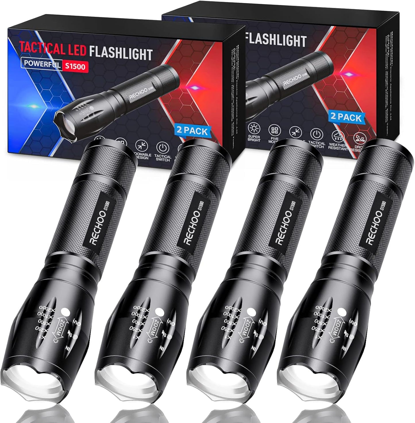 RECHOO 4 Pack Zoomable LED Flashlights - High Lumens, 5 Modes