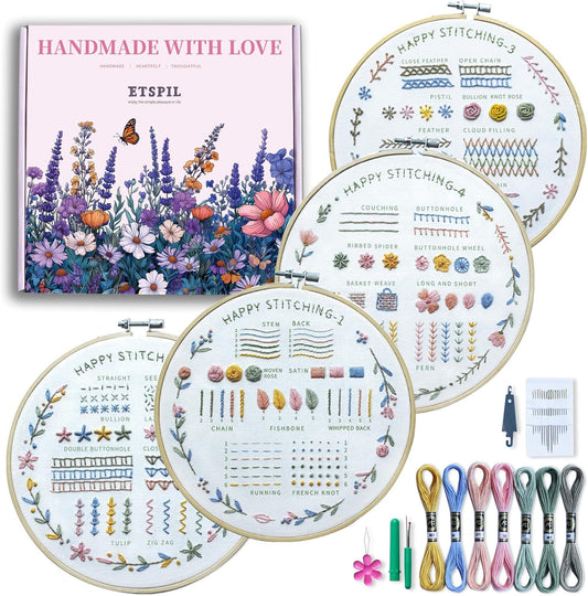 ETSPIL 4-Pack Embroidery Kit: Learn 33 Stitches & Patterns