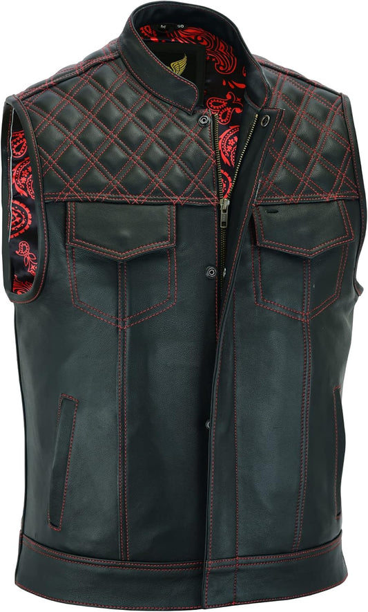 Leatherick Mens Black Motorcycle Vests with Paisley Satin Liner