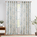Blue Floral Linen Blend Curtains 96 in Panels - Peony Print Set