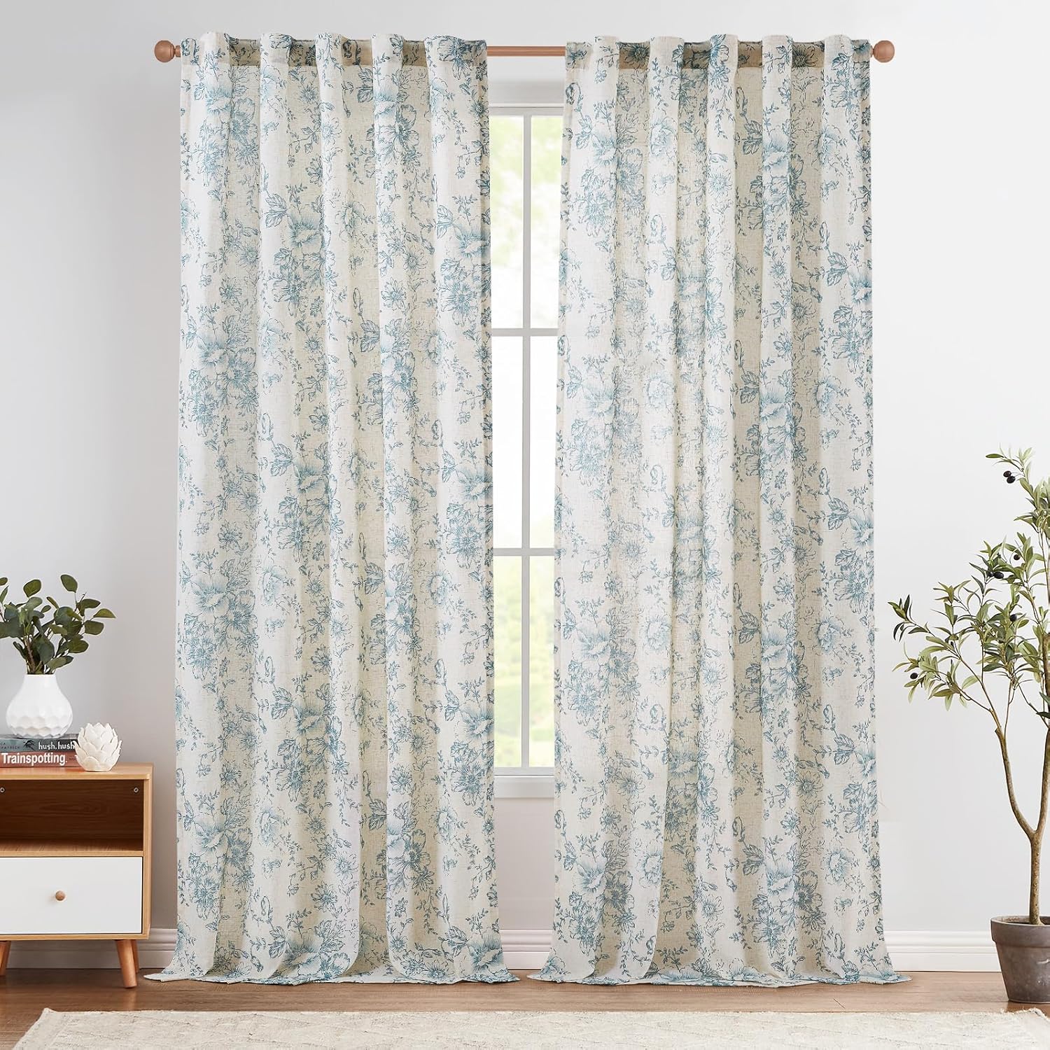 Floral Linen Blend Curtains for Living Room and Bedroom Decor